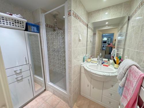 une salle de bain avec un lavabo et une douche dans l'établissement Charmant T2 Arcachon proche centre et plage, terrasse, garage - FR-1-474-71, à Arcachon