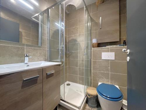 une salle de bain avec une douche, des toilettes et un lavabo dans l'établissement Studio rénové avec clim et wifi au port de l'Aiguillon pour 2 - FR-1-474-214, à Arcachon