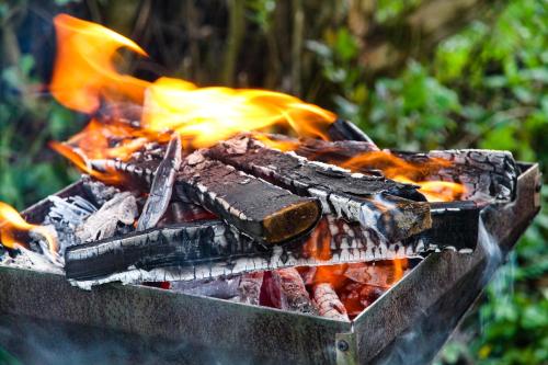 a fire in a grill with flames in it at Villa Schnuck - das rote Ferienhaus in Bad Gastein