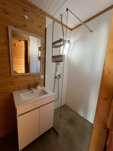 a bathroom with a sink and a mirror at Casa da Praia in Carvalhal