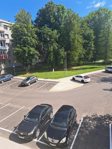 a group of cars parked in a parking lot at Ąžuolų giraitėje 2 bedroom apartments in Klaipėda