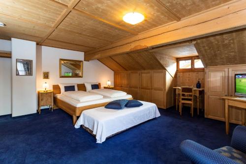 een slaapkamer met 2 bedden en een tv. bij Landhaus Hubertus in Bad Tölz
