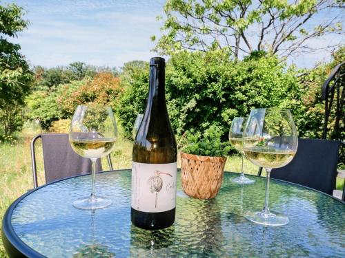 - une bouteille de vin assise sur une table avec 2 verres à vin dans l'établissement Vue imprenable sur la forêt avec jardin et parking, à Blois