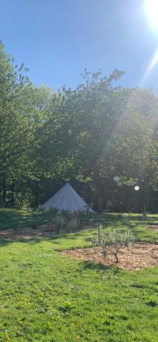 a tent in the middle of a field with trees at Hidden gem! boho glamping tent with pool and hot tub in Berné
