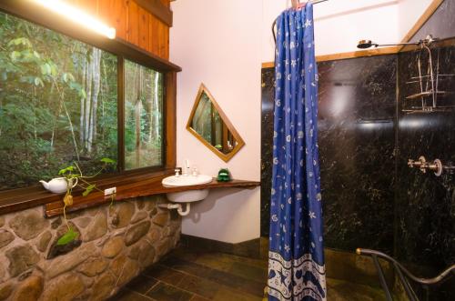 ein Bad mit einer Dusche und einem Waschbecken in der Unterkunft Epiphyte B & B in Cape Tribulation