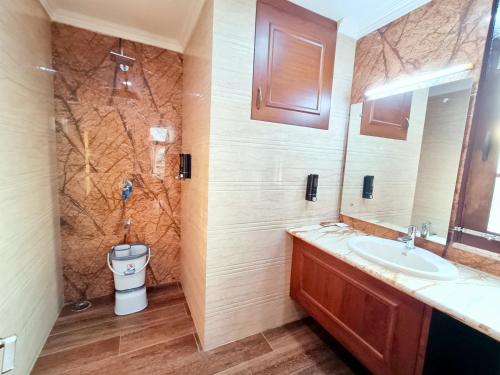 a bathroom with a sink and a toilet at Hotel Sun Grand in Agra