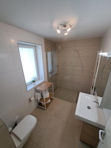 a bathroom with a shower and a toilet and a sink at Kernsaniert Barrierefrei in Vlotho