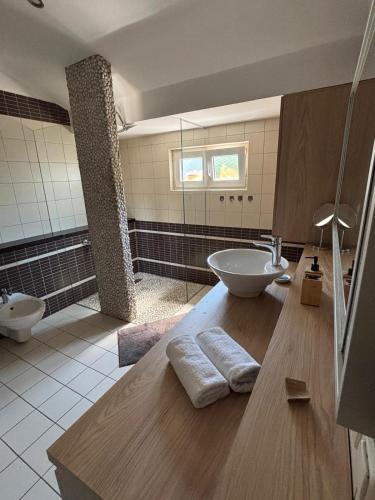a large bathroom with a sink and a shower at Apartment Barbara in Selce