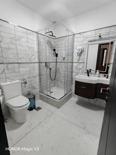 a bathroom with a shower and a toilet and a sink at Hanul Dintre Vii in Mărăşeşti