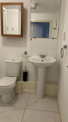 a bathroom with a toilet and a sink and a mirror at comfy residence in Moffat