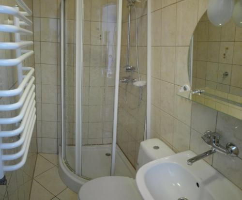 a bathroom with a shower and a toilet and a sink at Willa BIM in Rewal