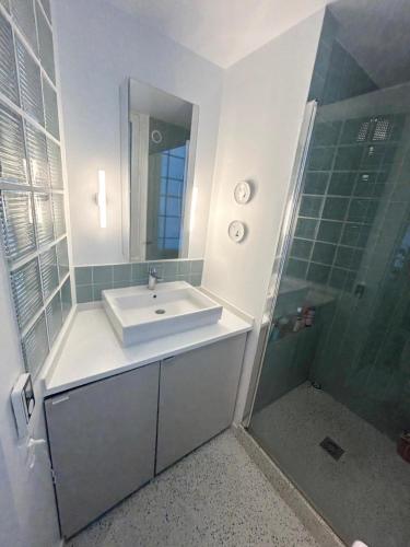 une salle de bain avec un lavabo et une douche dans l'établissement Bel appartement quartier de la Roquette by Weekome, à Paris