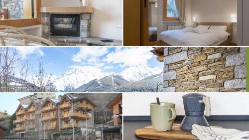 two pictures of a hotel room with a fireplace at InstaView in Ponte di Legno
