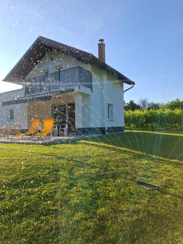 a house with a sprinkler in front of a yard at Zelena harmonija in Moravske Toplice