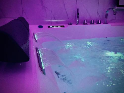 a hot pink bathtub in a purple room at L'escale du Donon - Chambre Blanche in Grandfontaine