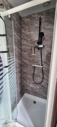 a shower with a glass door in a bathroom at Maison avec jardin et garage in Châteauroux