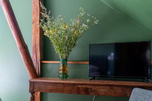 a vase of flowers on a table next to a tv at Winnica Kosmos in Lubcza