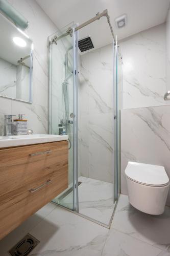 a bathroom with a glass shower and a toilet at Symphony Tivat Apartment in Donja Lastva