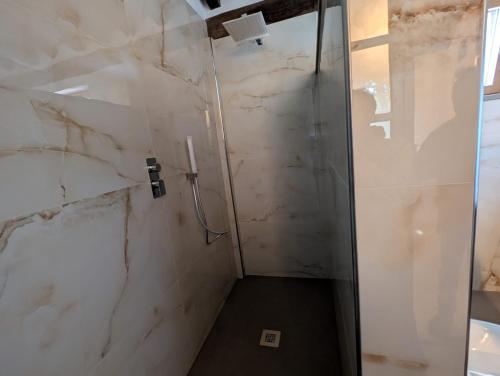 a shower in a bathroom with white marble walls at Tenuta Seripa in Sassetta