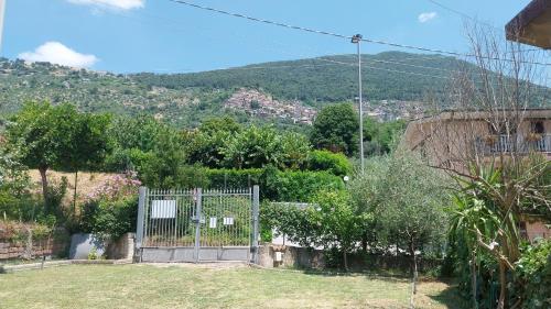 a gate in a yard with a mountain in the background at Casa Vacanze L'Amedeo in Serrone