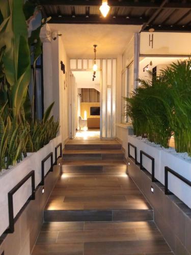 a hallway of a house with plants and lights at HOTEl CAFE BOUTIQUE in Pereira