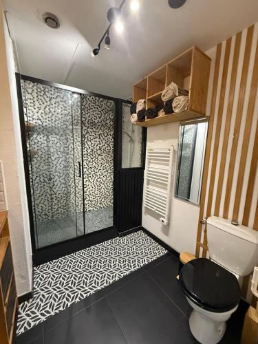 a bathroom with a toilet and a glass door at La Terrasse in Argenton lʼÉglise