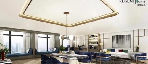 a living room with blue furniture and a large window at Regent Home Bangna Huge Bedroom Condo in Bang Chak