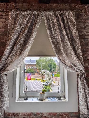 a window with a curtain and a plant on a window sill at Vibrant Downtown Studio Oasis in Liepāja