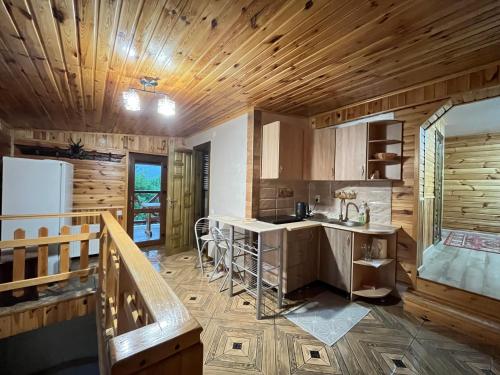 a kitchen with wooden walls and wooden floors at Захід сонця in Slavske