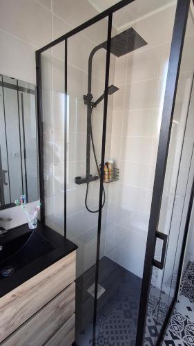 a bathroom with a shower with a black counter top at Les Pâquerettes in Dinan