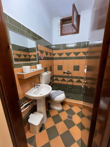a bathroom with a toilet and a sink at Dafni Seaside Hotel in Leptokarya