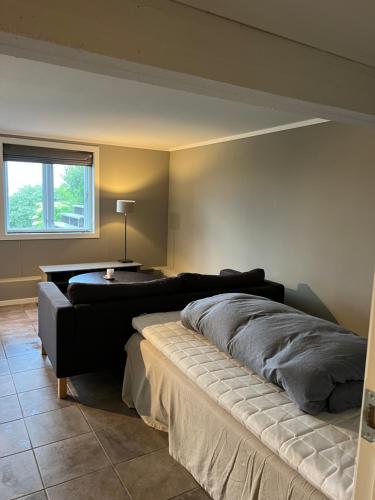 a bedroom with two beds and a table and a window at Hybel leilighet på Rosanes, Teie in Lii