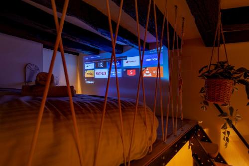 a bedroom with a bed in a room with a screen at Cabane suspendue au cœur de Blois in Blois