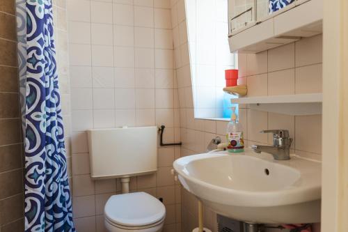 Un baño pequeño con inodoro y lavabo. en Gezellig 4 personen woning in Sintmaartenszee aan het strand en natuur!, en Sint Maartenszee
