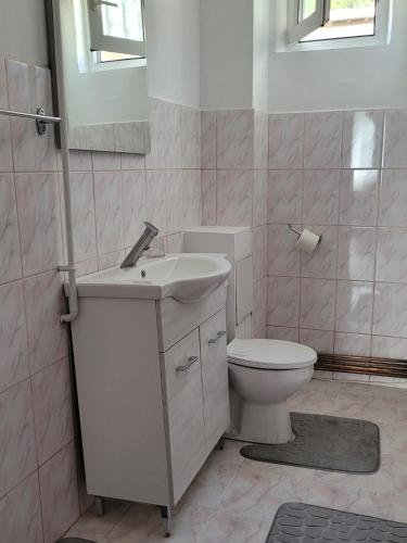 a bathroom with a sink and a toilet at Central Residence in Piatra Neamţ