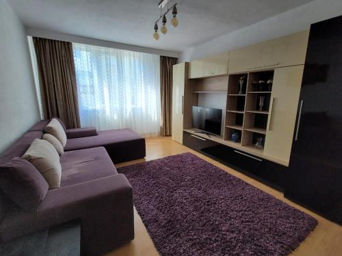 a living room with a purple couch and a tv at Central Residence in Piatra Neamţ
