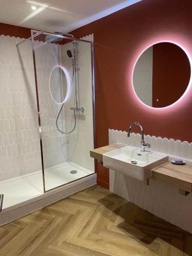 a bathroom with a shower and a sink and a mirror at Le Perchoir Phocéen in Marseille