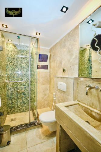 a bathroom with a shower and a toilet and a sink at Comfort in Cairo