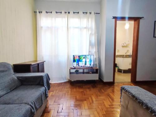 a living room with a couch and a television at Apartamento completo no centro in Teresópolis