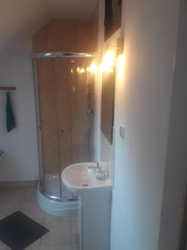 a bathroom with a shower and a sink at Pokoje gościnne Ania in Mikoszewo