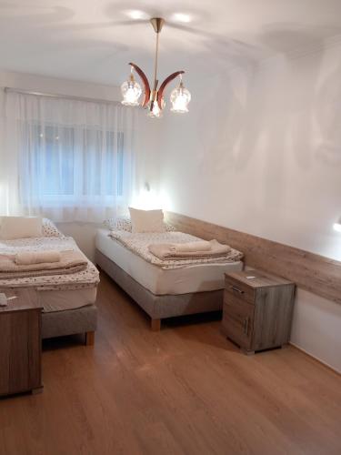 a bedroom with two beds and a chandelier at Középső szint in Zamárdi
