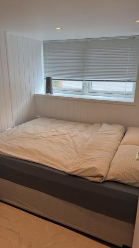 a large bed in a room with a window at Arendal Sentrum Ro in Arendal