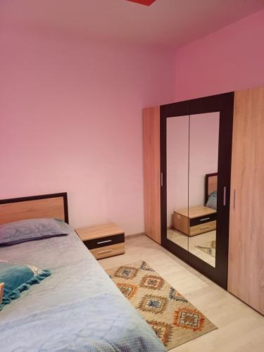 a bedroom with a bed and a large mirror at pensiune Valentin, apartament 2 dormitoare cu terasa, Iulius Mall in Timişoara