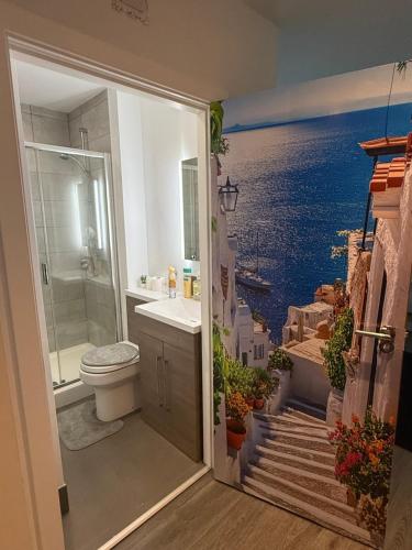 a bathroom with a shower toilet and a view of the ocean at Oasis Urban retreat- Regent Street in Barnsley