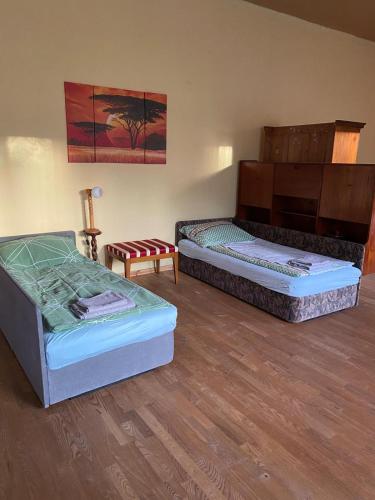 two beds in a room with wooden floors at Ferienwohnung Alte Volksschule bis 5 Personen in Raiding