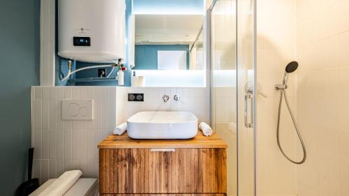 une salle de bain avec un lavabo et une douche dans l'établissement Sous le chêne bleu - Appartement Cosy au cœur de Dijon, à Dijon