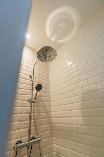 une salle de bain avec une douche avec pommeau de douche dans l'établissement Appartement terrasse centre ville, à La Rochelle