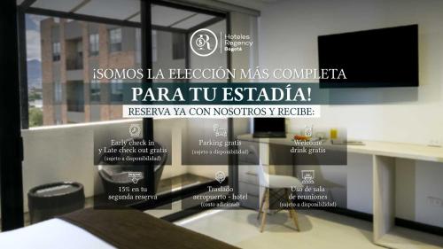 un poster per un ufficio con descrizioni di una stanza di Hotel Regency Suites La Feria a Bogotá