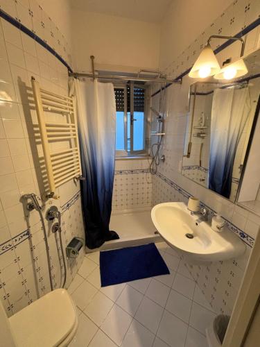 Un baño blanco con lavabo y ducha. en Panoramico a Posillipo, en Nápoles