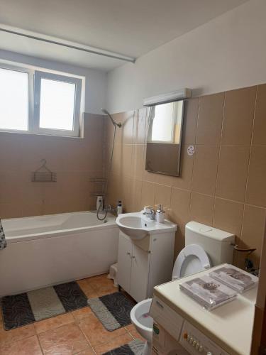 a bathroom with a tub and a toilet and a sink at The Urban Hero Appartment in Floreşti